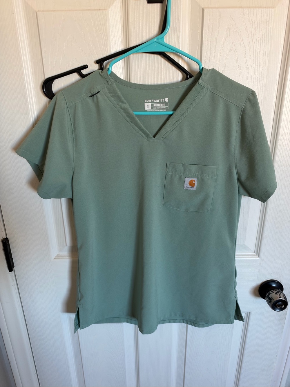 Carhartt Women’s Sage Green V-Neck Scrub Top and pants